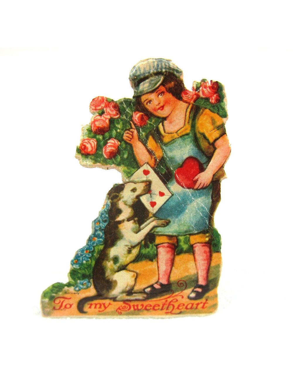 Vintage Valentine Die Cut Stand Up Boy & Dog Heart Rose Bush 1920s-30s Germany